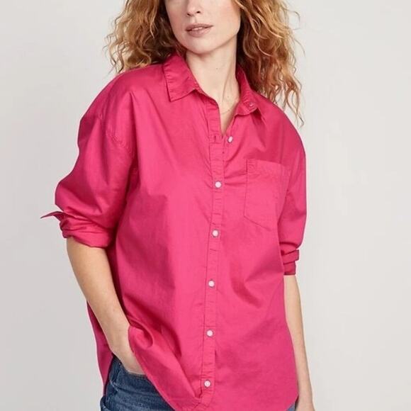 Old Navy Bright Pink Boyfriend Shirt Cotton Oversized Long Sleeve Button Down M - Picture 2 of 12